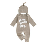 Mono de rayas de otoño para bebé niño, 2 piezas, manga larga, cuello redondo, letras, bordado, conjunto de gorro