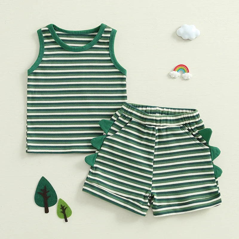Conjunto de 2 piezas de dinosaurio a rayas para bebés y niños pequeños, camiseta sin mangas con cuello redondo, pantalones cortos con cintura elástica y bolsillos