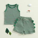Conjunto de 2 piezas de dinosaurio a rayas para bebés y niños pequeños, camiseta sin mangas con cuello redondo, pantalones cortos con cintura elástica y bolsillos