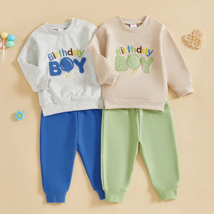 Conjunto de 2 piezas para bebé niño pequeño, traje de cumpleaños para niño, jersey de manga larga con bordado de globo y letras, cuello redondo, pantalones de chándal lisos con cintura elástica