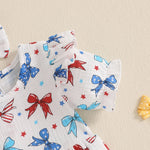 Conjunto de 2 piezas para niña bebé para el 4 de julio, con estampado de corazones y estrellas, cuello redondo con volantes, manga corta y diadema con lazo