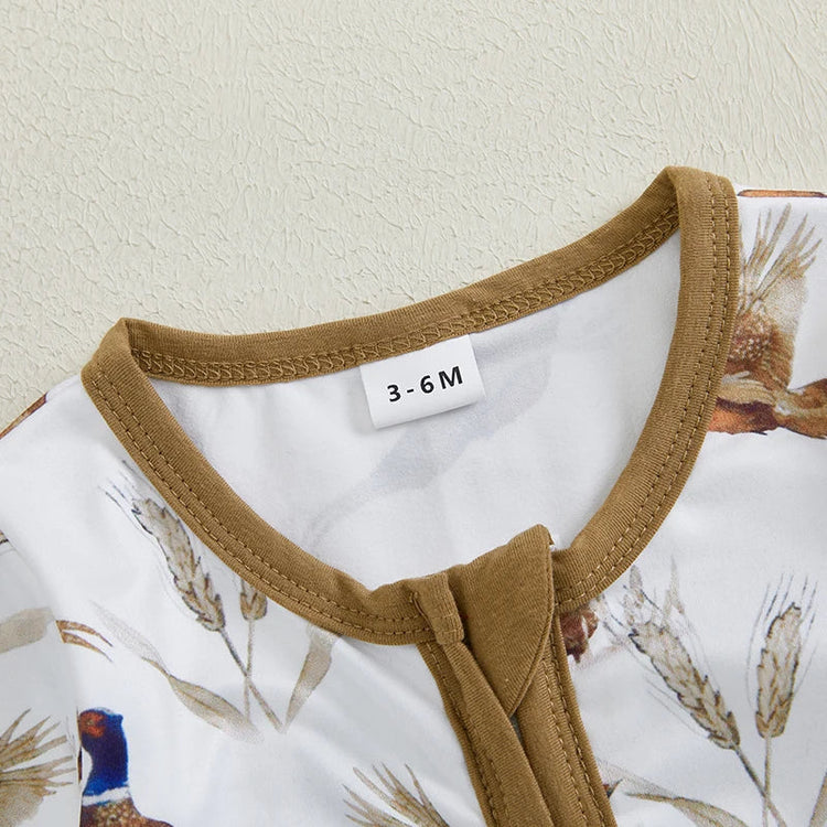 Mono de manga larga con cuello redondo y cremallera con estampado de orejas de trigo y pájaro suave para bebés y niñas