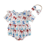 Conjunto de 2 piezas para niña bebé para el 4 de julio, con estampado de corazones y estrellas, cuello redondo con volantes, manga corta y diadema con lazo