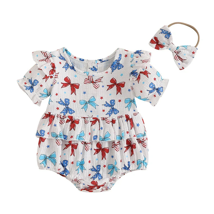 Conjunto de 2 piezas para niña bebé para el 4 de julio, con estampado de corazones y estrellas, cuello redondo con volantes, manga corta y diadema con lazo