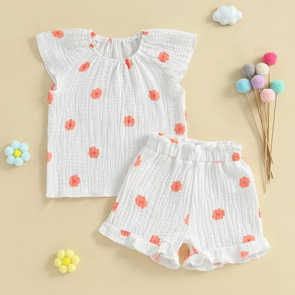 Conjunto de 2 piezas de camiseta con mangas cortas y cintura elástica con volantes para bebé y niña pequeña, conjunto de verano