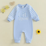 Mono de otoño para bebé niño pequeño Lil Brother con estampado de cuadros y letras bordadas, manga larga, cuello redondo y largo completo