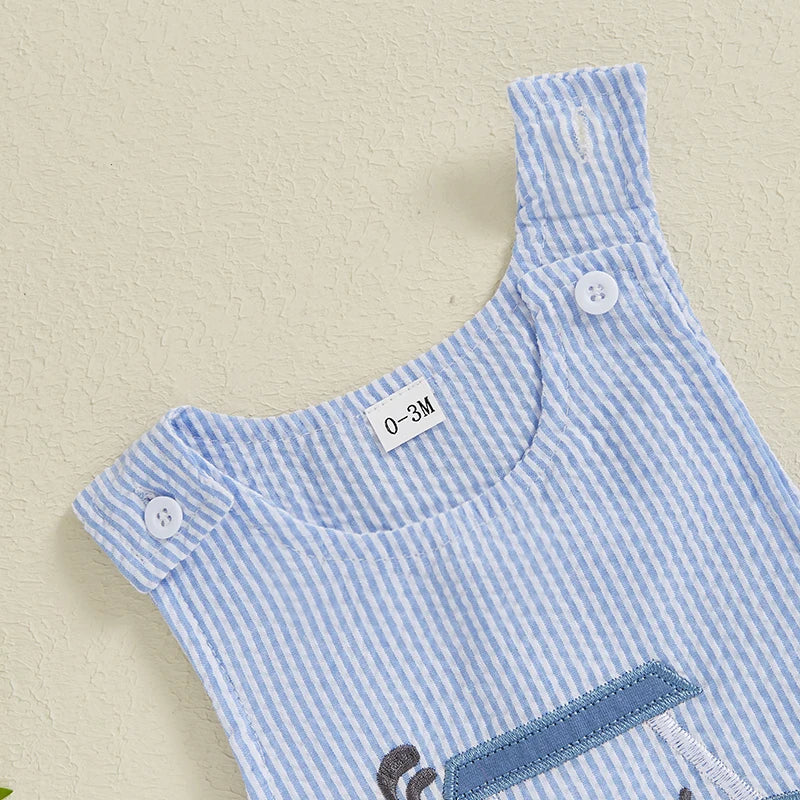 Mono de verano para bebé niño, sin mangas, cuello redondo, a rayas, bordado, carrito de golf