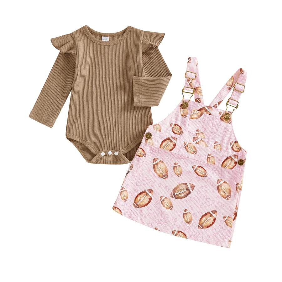 Conjunto de 2 piezas de ropa de otoño para bebés y niñas pequeñas, mono de manga larga y vestido con estampado de fútbol
