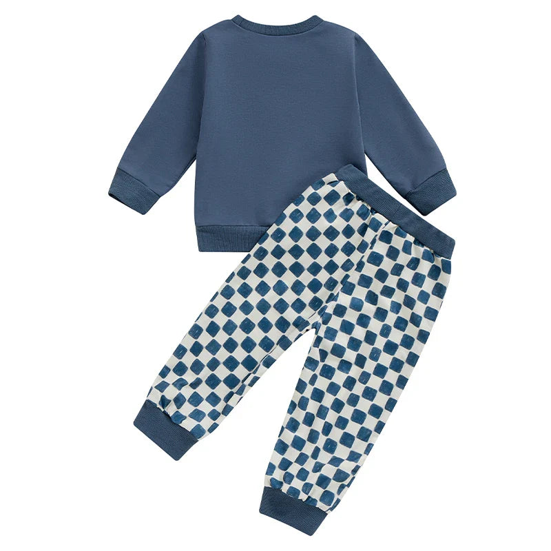 Conjunto de 2 piezas para niños y niñas, camiseta de manga larga con estampado de letras y pantalones a cuadros con cintura elástica y estampado de hermano mayor/hermana
