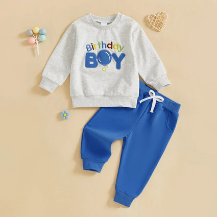 Conjunto de 2 piezas para bebé niño pequeño, traje de cumpleaños para niño, jersey de manga larga con bordado de globo y letras, cuello redondo, pantalones de chándal lisos con cintura elástica