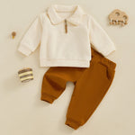 Conjunto de 2 piezas de otoño para bebés y niños pequeños, jersey de manga larga con solapa y media cremallera, conjunto de pantalones de color liso