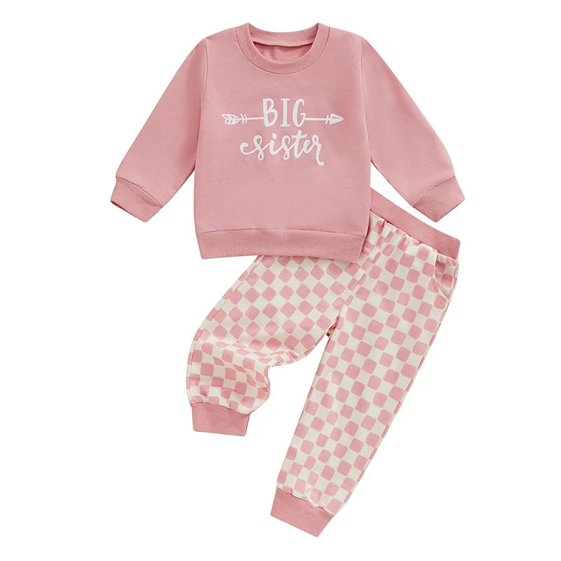 Conjunto de 2 piezas para niños y niñas, camiseta de manga larga con estampado de letras y pantalones a cuadros con cintura elástica y estampado de hermano mayor/hermana