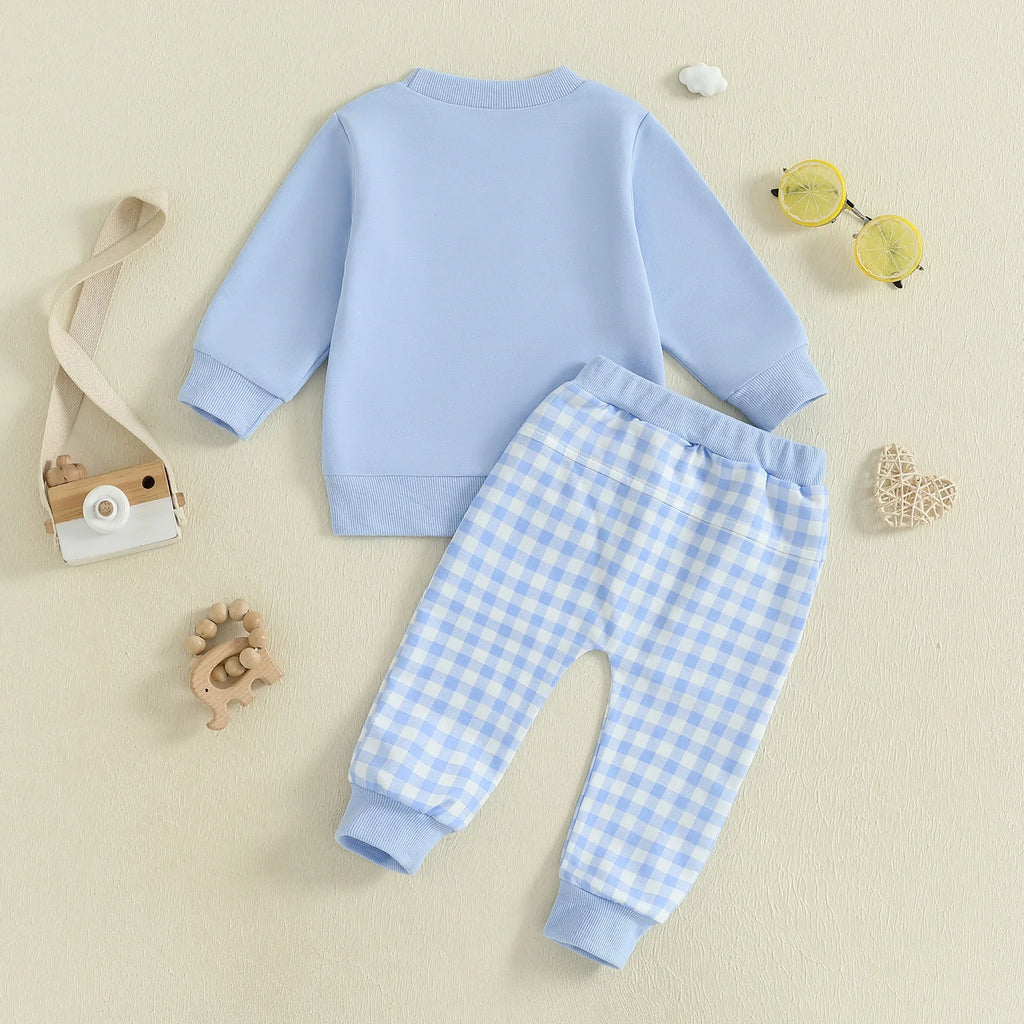 Conjunto de 2 piezas para bebé niño pequeño, otoño, con letras bordadas, camiseta de manga larga y pantalones elásticos a cuadros