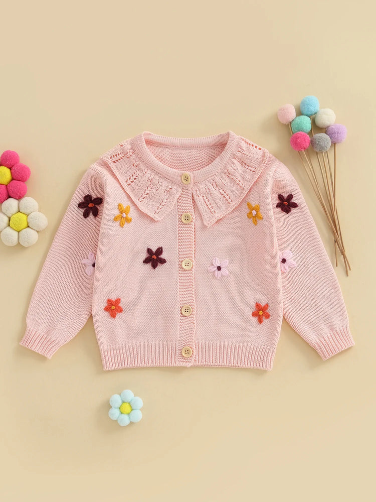 Suéter tipo cárdigan para bebé niña, diseño de flores en 3D, botones, manga larga, tejido