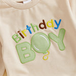 Conjunto de 2 piezas para bebé niño pequeño, traje de cumpleaños para niño, jersey de manga larga con bordado de globo y letras, cuello redondo, pantalones de chándal lisos con cintura elástica