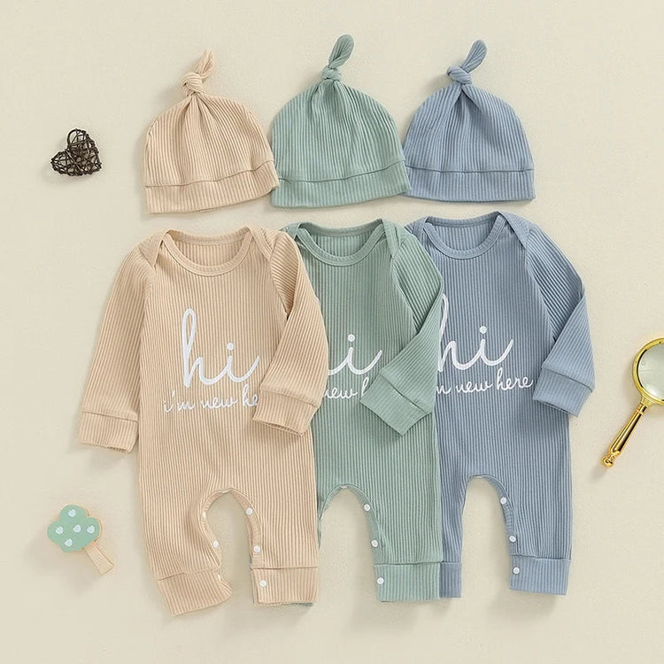 Conjunto de 2 piezas de mono con estampado de letras, cuello redondo y manga larga con gorro para bebé, niño y niña