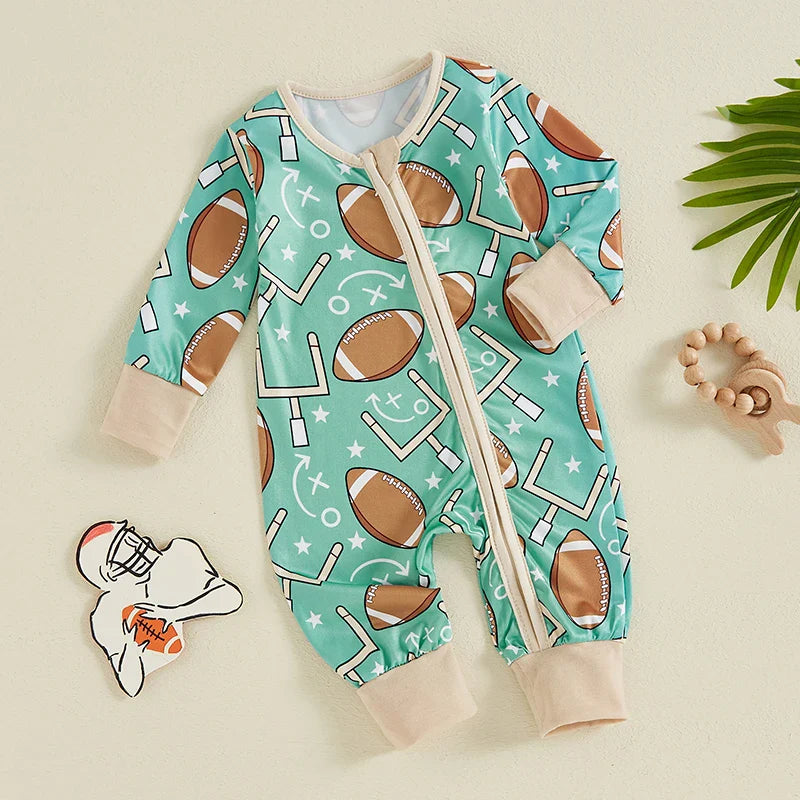 Mono de manga larga para bebé niño con estampado de fútbol y cremallera frontal para otoño