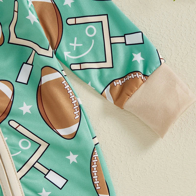 Mono de manga larga para bebé niño con estampado de fútbol y cremallera frontal para otoño