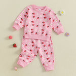 Conjunto de 2 piezas de otoño para bebé niña, camiseta de manga larga con cuello redondo y pantalones deportivos con estampado de flores de fresa