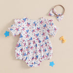 Conjunto de 2 piezas para niña bebé para el 4 de julio, con estampado de corazones y estrellas, cuello redondo con volantes, manga corta y diadema con lazo