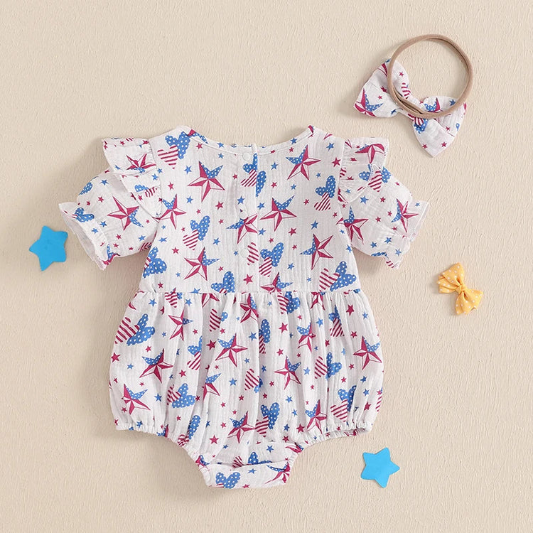 Conjunto de 2 piezas para niña bebé para el 4 de julio, con estampado de corazones y estrellas, cuello redondo con volantes, manga corta y diadema con lazo