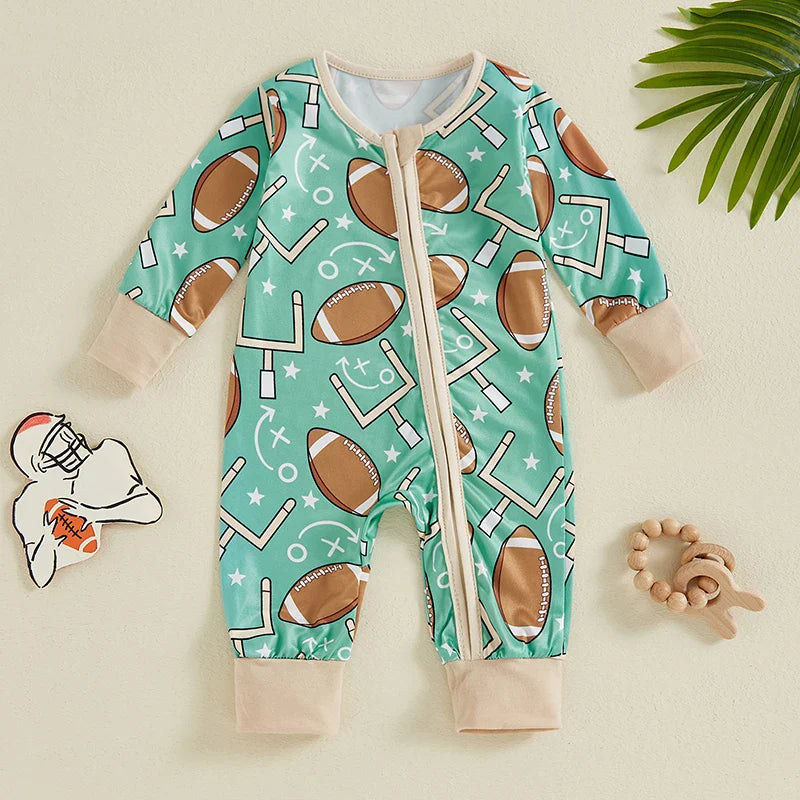 Mono de manga larga para bebé niño con estampado de fútbol y cremallera frontal para otoño