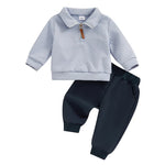 Conjunto de 2 piezas de otoño para bebés y niños pequeños, jersey de manga larga con solapa y media cremallera, conjunto de pantalones de color liso