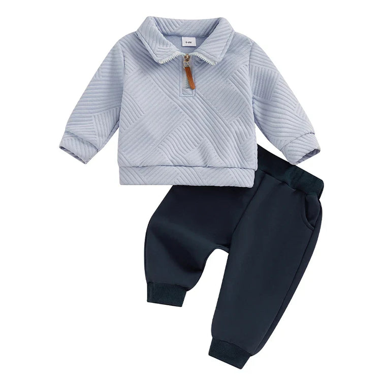 Conjunto de 2 piezas de otoño para bebés y niños pequeños, jersey de manga larga con solapa y media cremallera, conjunto de pantalones de color liso