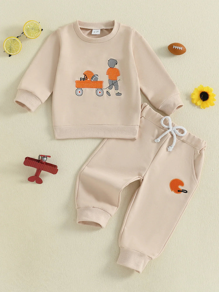Conjunto de 2 piezas de pantalones deportivos con cordón y parte superior bordada de fútbol de manga larga para bebés y niños pequeños de otoño