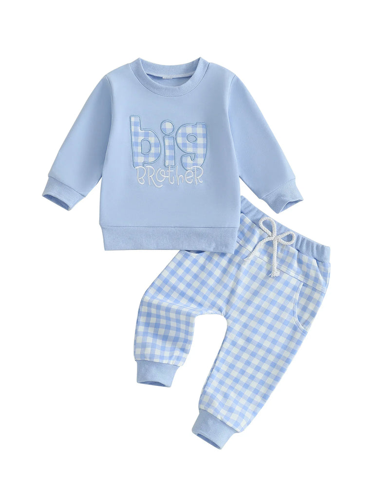 Conjunto de 2 piezas para bebé niño pequeño, otoño, con letras bordadas, camiseta de manga larga y pantalones elásticos a cuadros
