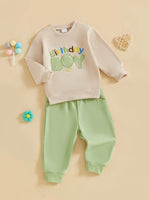 Conjunto de 2 piezas para bebé niño pequeño, traje de cumpleaños para niño, jersey de manga larga con bordado de globo y letras, cuello redondo, pantalones de chándal lisos con cintura elástica