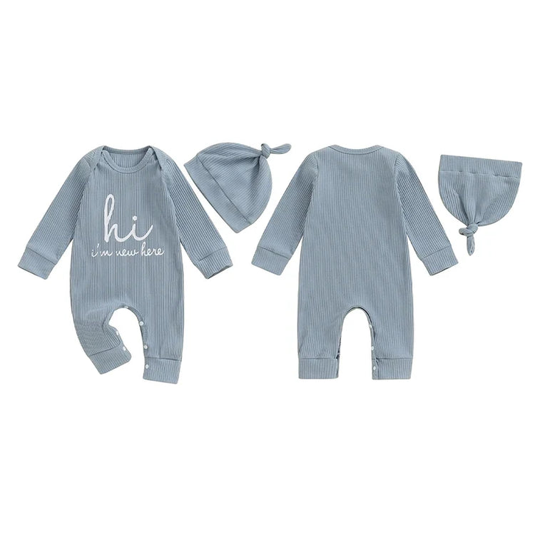 Conjunto de 2 piezas de mono con estampado de letras, cuello redondo y manga larga con gorro para bebé, niño y niña