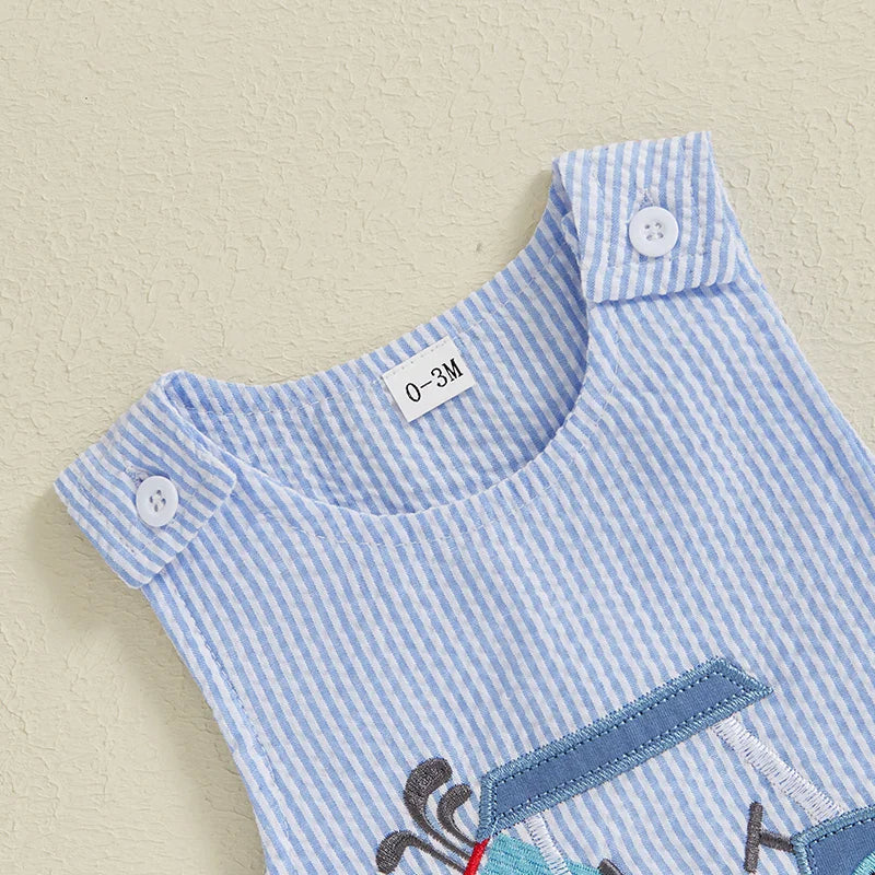 Mono de verano para bebé niño, sin mangas, cuello redondo, a rayas, bordado, carrito de golf