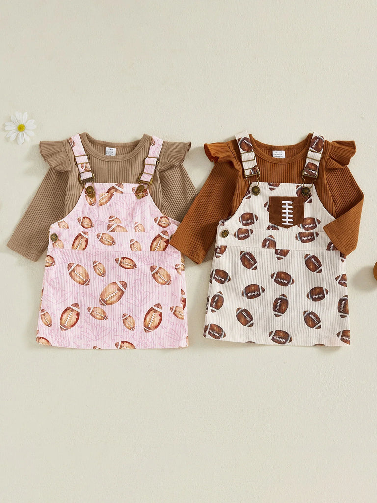 Conjunto de 2 piezas de ropa de otoño para bebés y niñas pequeñas, mono de manga larga y vestido con estampado de fútbol