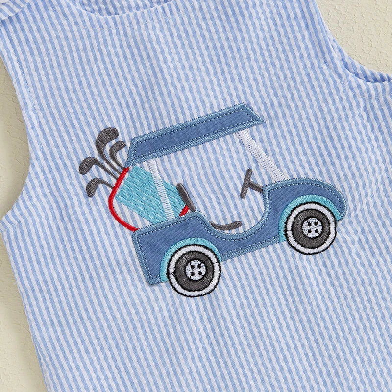Mono de verano para bebé niño, sin mangas, cuello redondo, a rayas, bordado, carrito de golf