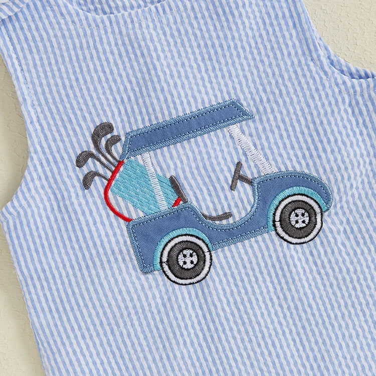Mono de verano para bebé niño, sin mangas, cuello redondo, a rayas, bordado, carrito de golf