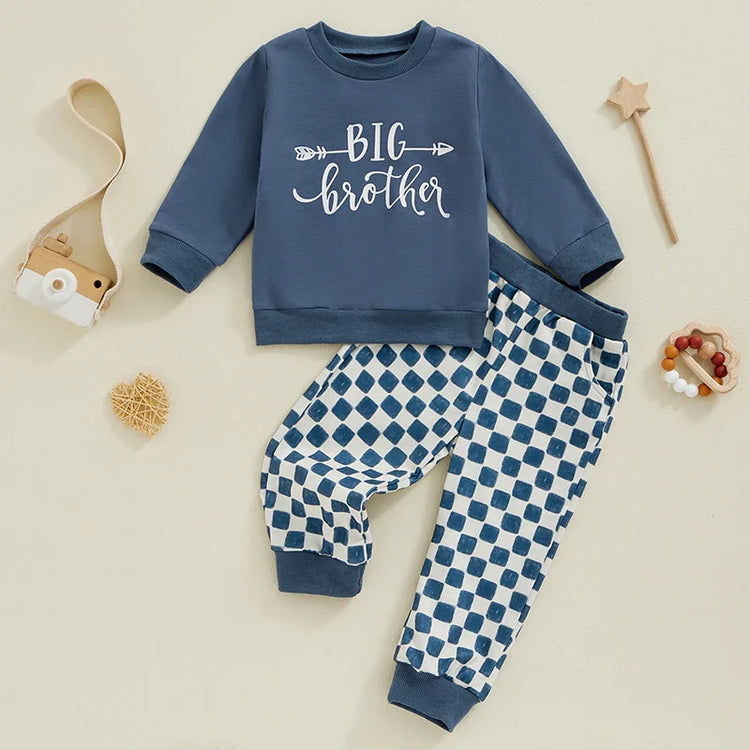 Conjunto de 2 piezas para niños y niñas, camiseta de manga larga con estampado de letras y pantalones a cuadros con cintura elástica y estampado de hermano mayor/hermana