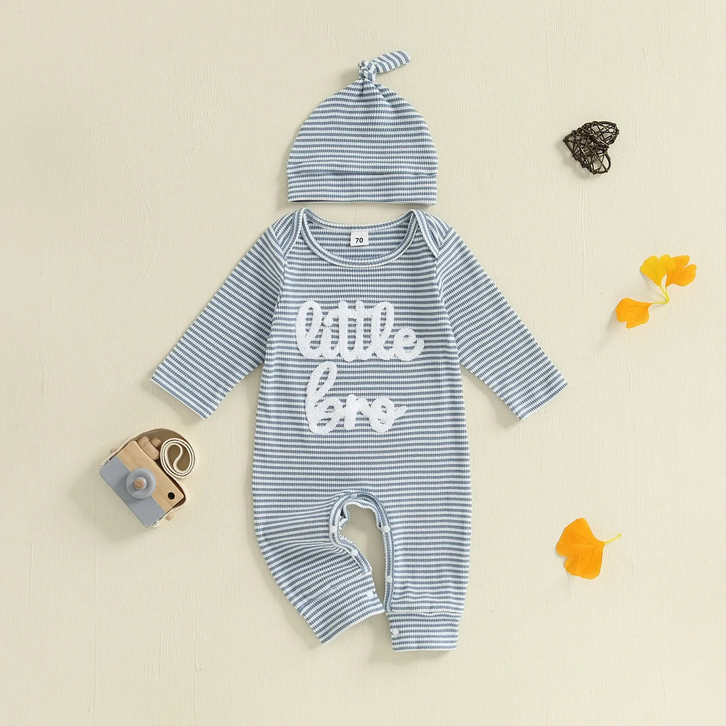 Mono de rayas de otoño para bebé niño, 2 piezas, manga larga, cuello redondo, letras, bordado, conjunto de gorro