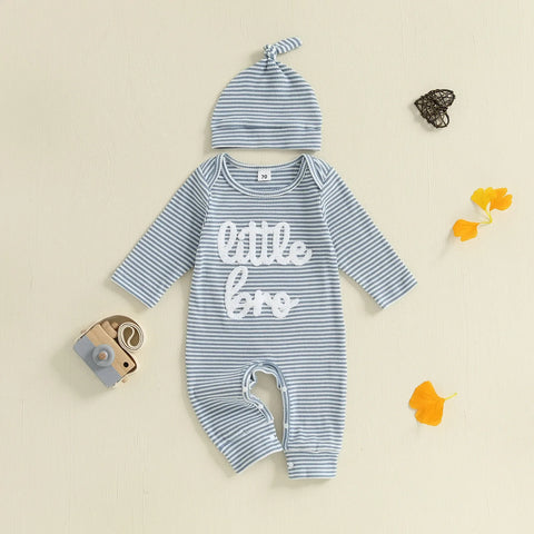 Mono de rayas de otoño para bebé niño, 2 piezas, manga larga, cuello redondo, letras, bordado, conjunto de gorro