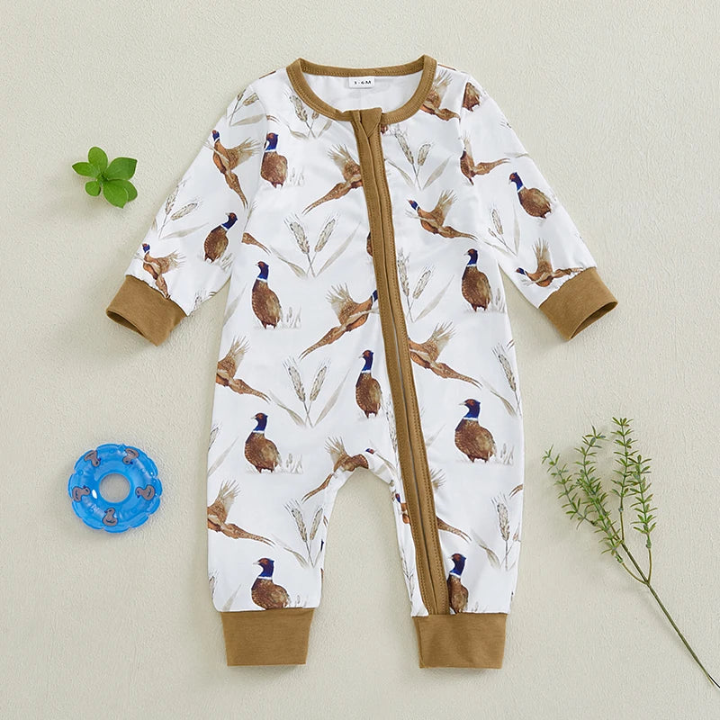Mono de manga larga con cuello redondo y cremallera con estampado de orejas de trigo y pájaro suave para bebés y niñas