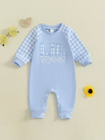 Mono de otoño para bebé niño pequeño Lil Brother con estampado de cuadros y letras bordadas, manga larga, cuello redondo y largo completo