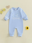 Mono de otoño para bebé niño pequeño Lil Brother con estampado de cuadros y letras bordadas, manga larga, cuello redondo y largo completo