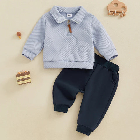 Conjunto de 2 piezas de otoño para bebés y niños pequeños, jersey de manga larga con solapa y media cremallera, conjunto de pantalones de color liso