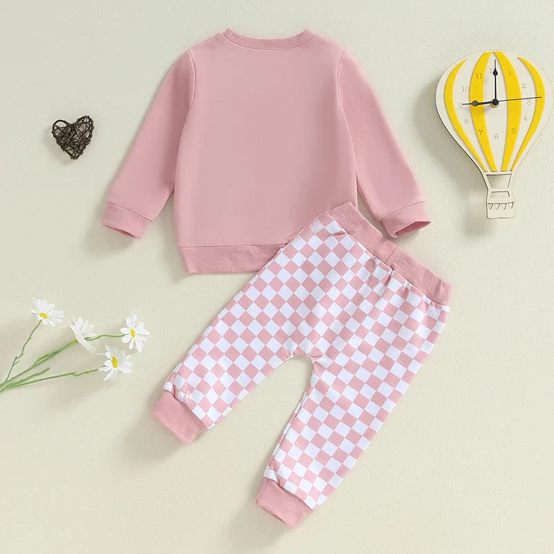 Conjunto de 2 piezas para bebé y niño pequeño, para hermano o hermana mayor, de otoño, con jersey de manga larga con bordado de letras y pantalones a cuadros