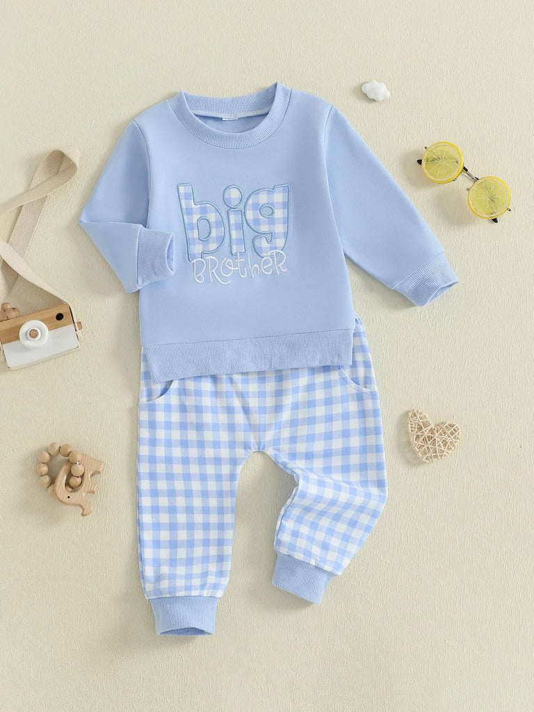 Conjunto de 2 piezas para bebé niño pequeño, otoño, con letras bordadas, camiseta de manga larga y pantalones elásticos a cuadros