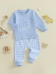 Conjunto de 2 piezas para bebé niño pequeño, otoño, con letras bordadas, camiseta de manga larga y pantalones elásticos a cuadros