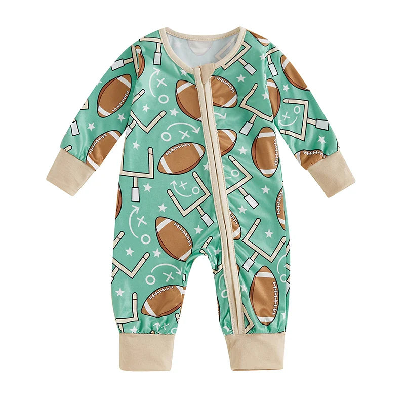 Mono de manga larga para bebé niño con estampado de fútbol y cremallera frontal para otoño