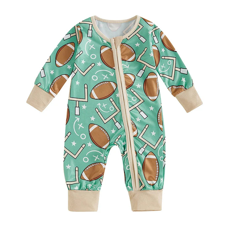 Mono de manga larga para bebé niño con estampado de fútbol y cremallera frontal para otoño