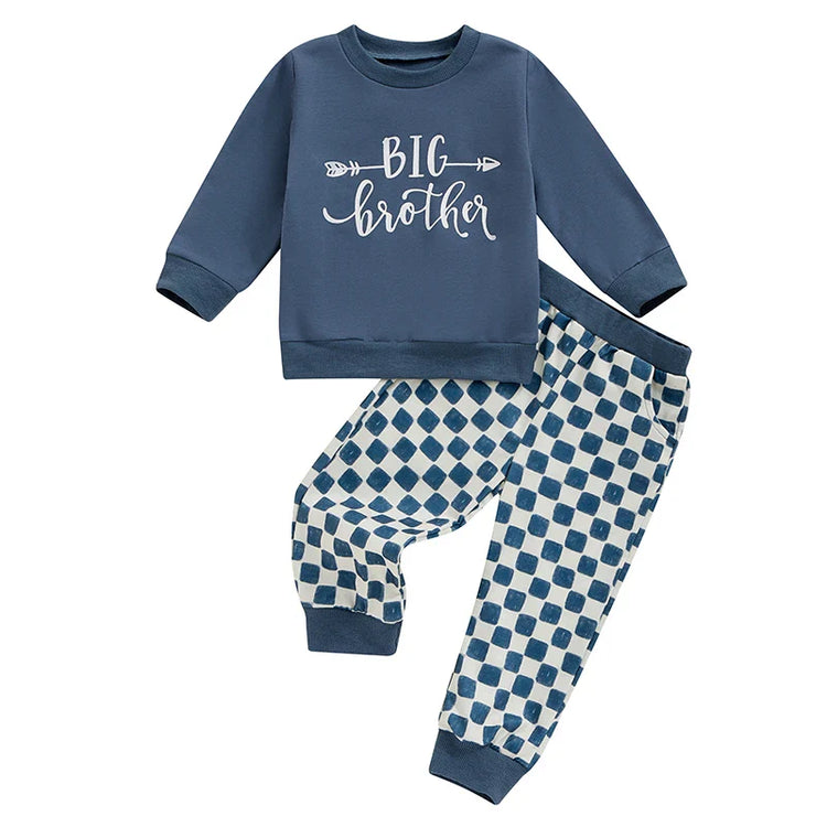 Conjunto de 2 piezas para niños y niñas, camiseta de manga larga con estampado de letras y pantalones a cuadros con cintura elástica y estampado de hermano mayor/hermana