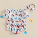 Conjunto de 2 piezas para niña bebé para el 4 de julio, con estampado de corazones y estrellas, cuello redondo con volantes, manga corta y diadema con lazo